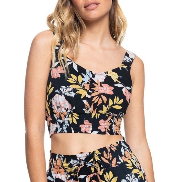 NWT Roxy Sea Fog Button Front Floral Cropped Top - Picture 1 of 8